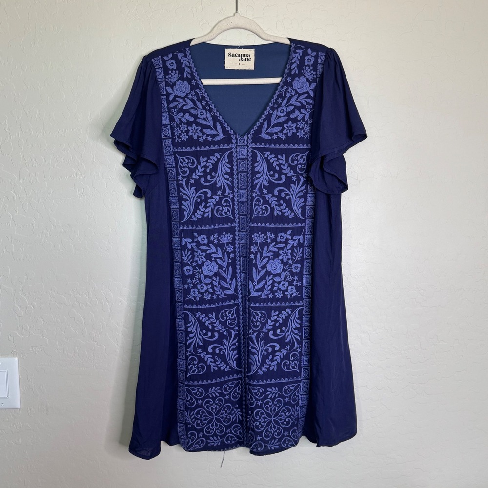 Savanna Jane Womens Rayon Dress L Blue Boho Floral Embroidered Boho Festival